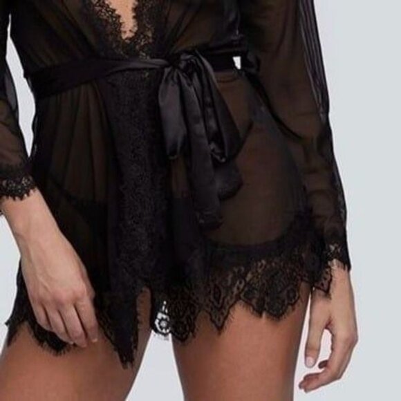 Oh La La Cheri Black Eyelash Lace Robe Set Belted Tie Lingerie - Picture 4 of 11